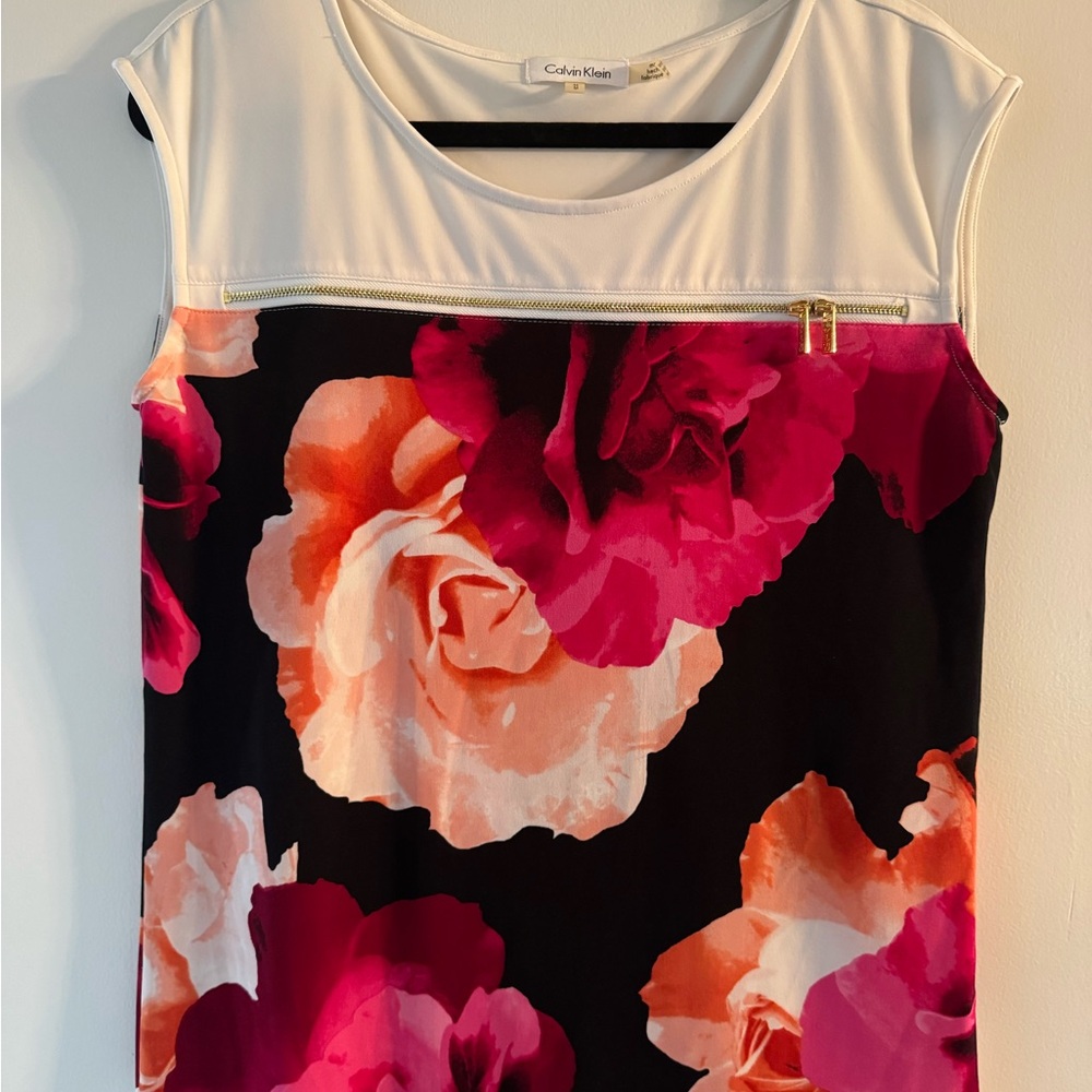 Calvin Klein White Yoke Black Floral Sleeveless Top